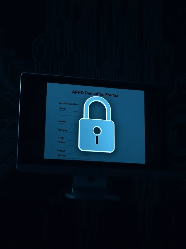 A secure, encrypted platform displaying an ADHD evaluation form, emphasizing data privacy and protection with a lock icon.