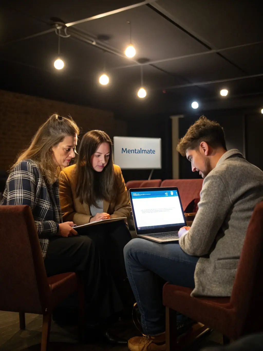 A friendly, diverse team of mental health professionals reviewing ADHD evaluation results on a modern computer screen, set in a bright, welcoming office environment.