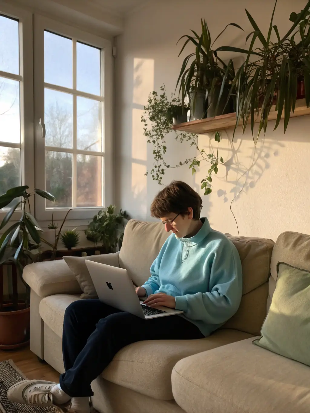 A person comfortably taking an ADHD evaluation on their laptop at home, with a clean and user-friendly interface displayed on the screen.