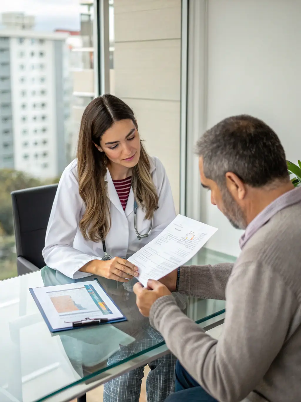 A detailed report of an ADHD evaluation with clear charts, graphs, and explanations, displayed on a tablet with a professional reviewing it.